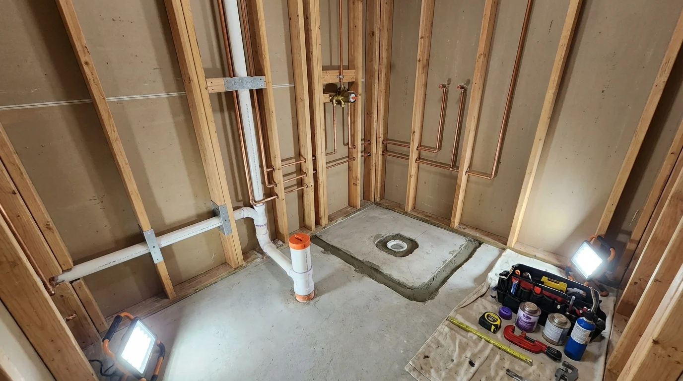 Bathroom rough-in plumbing during remodel by Johns Plumbing LLC in Haledon