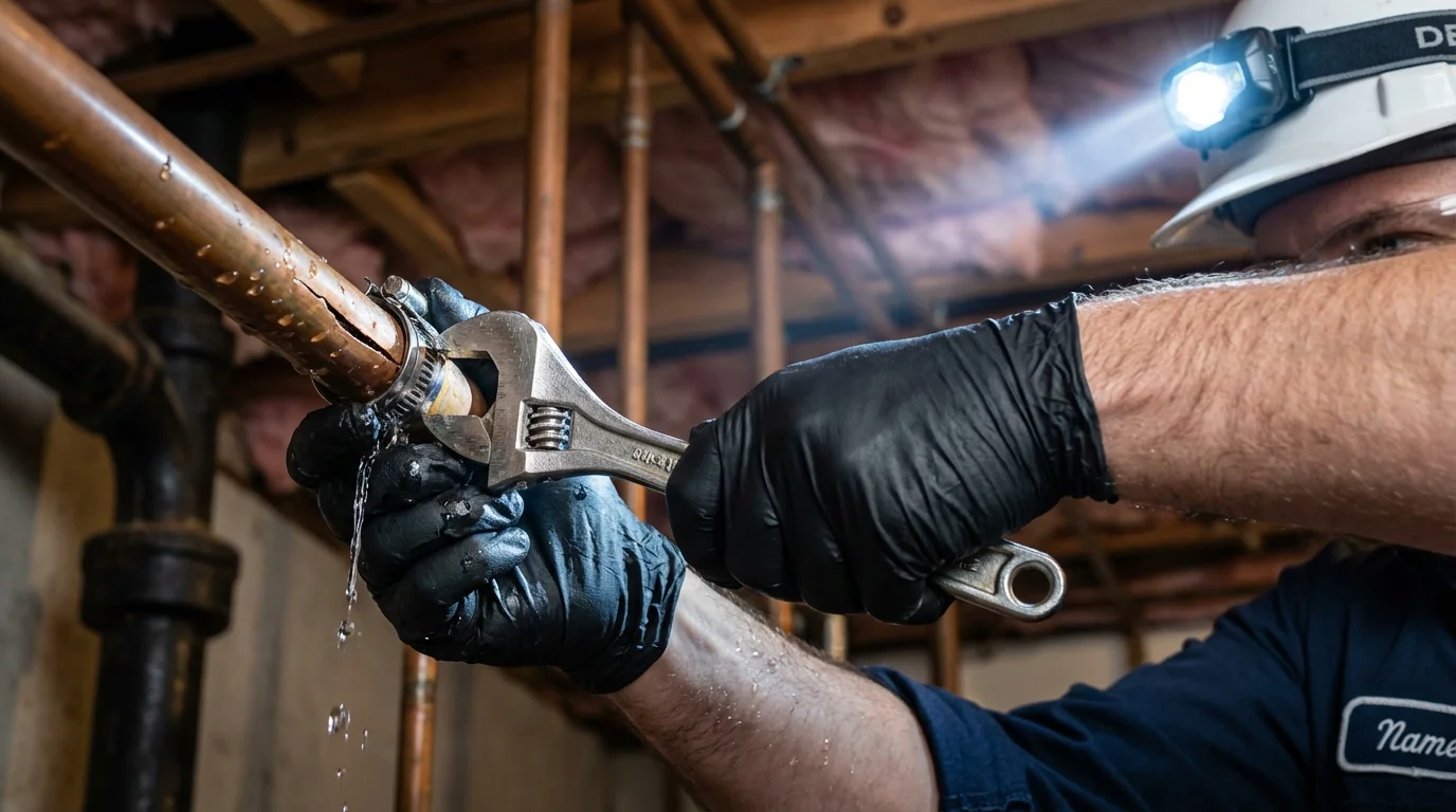 Emergency pipe clamp repair being performed by a Johns Plumbing LLC plumber in Haledon